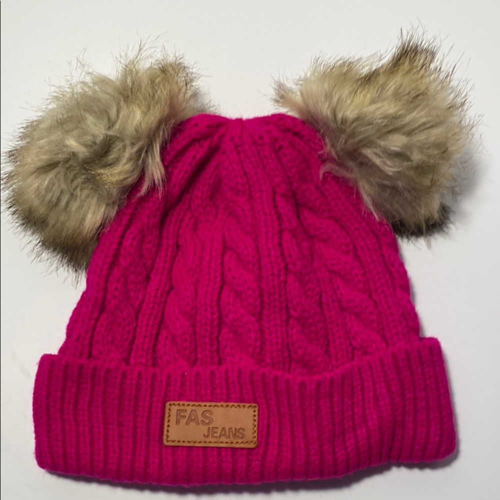 Kids winter girls Knit Beanie with removable Faux Fur Pom Moms